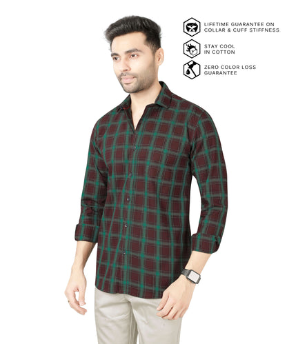 5thanfold Men's Casual Pure Cotton Full Sleeve Checkered Green Slim Fit Shirt