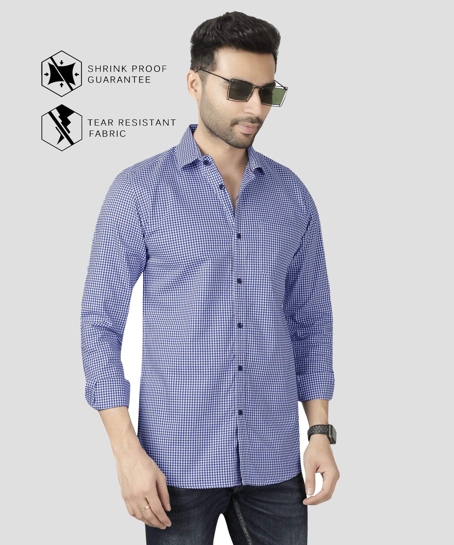 5thanfold Men's Casual Pure Cotton Full Sleeve Checkered Blue Regular Fit Shirt