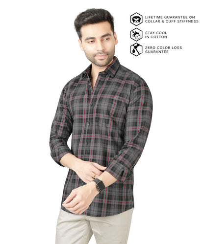 5thanfold Men's Casual Pure Cotton Full Sleeve Checkered Grey Slim Fit Shirt