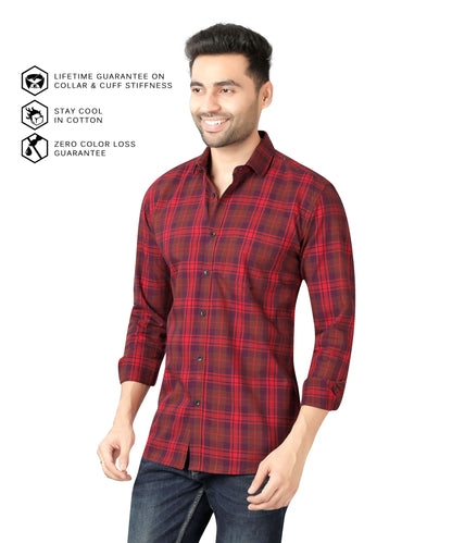 5thanfold Men's Casual Pure Cotton Full Sleeve Checkered Red Slim Fit Shirt