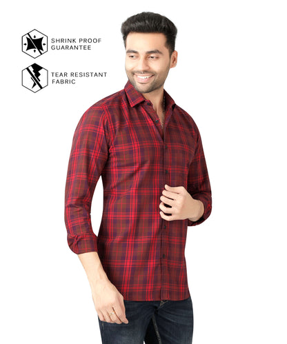 5thanfold Men's Casual Pure Cotton Full Sleeve Checkered Red Slim Fit Shirt