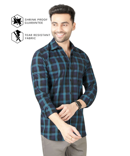 5thanfold Men's Casual Pure Cotton Full Sleeve Checkered Green Slim Fit Shirt