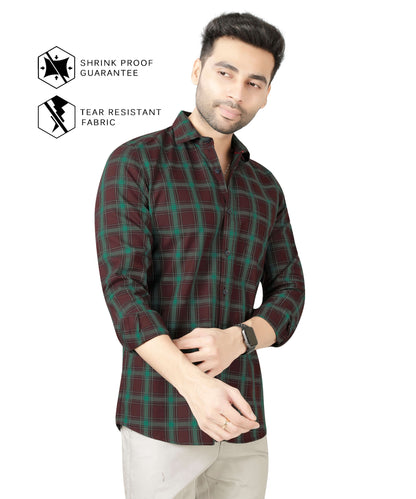 5thanfold Men's Casual Pure Cotton Full Sleeve Checkered Green Slim Fit Shirt