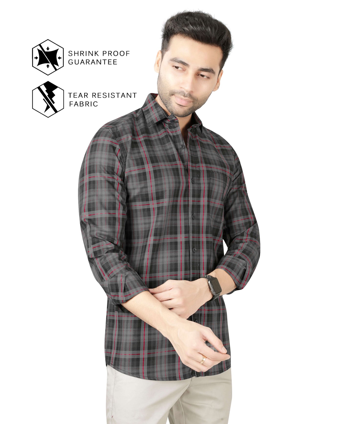 5thanfold Men's Casual Pure Cotton Full Sleeve Checkered Grey Slim Fit Shirt