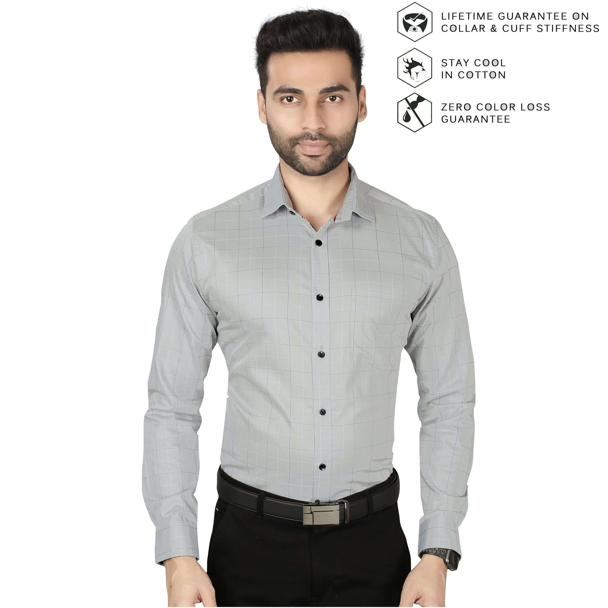 5thanfold Men's Formal Pure Cotton Full Sleeve Checkered Grey Slim Fit Shirt