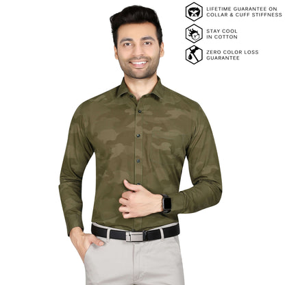 5thanfold Men's Formal Pure Cotton Full Sleeve Printed Khaki Slim Fit Shirt