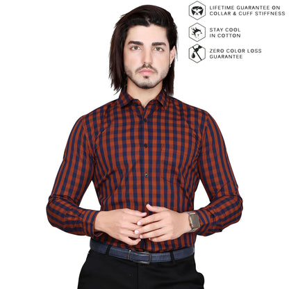 5thanfold Men's Formal Pure Cotton Full Sleeve Checkered Maroon Slim Fit Shirt