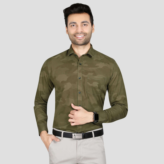 5thanfold Men's Formal Pure Cotton Full Sleeve Printed Khaki Slim Fit Shirt