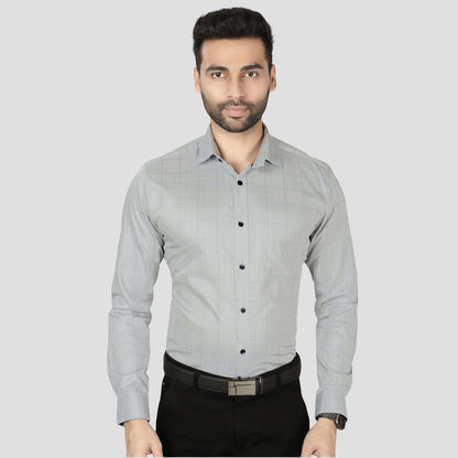 5thanfold Men's Formal Pure Cotton Full Sleeve Checkered Grey Slim Fit Shirt