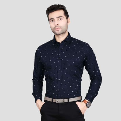 5thanfold Men's Formal Pure Cotton Full Sleeve Printed Dark Blue Slim Fit Shirt