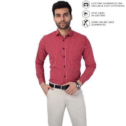 5thanfold Men's Formal Pure Cotton Full Sleeve Checkered Red Slim Fit Shirt