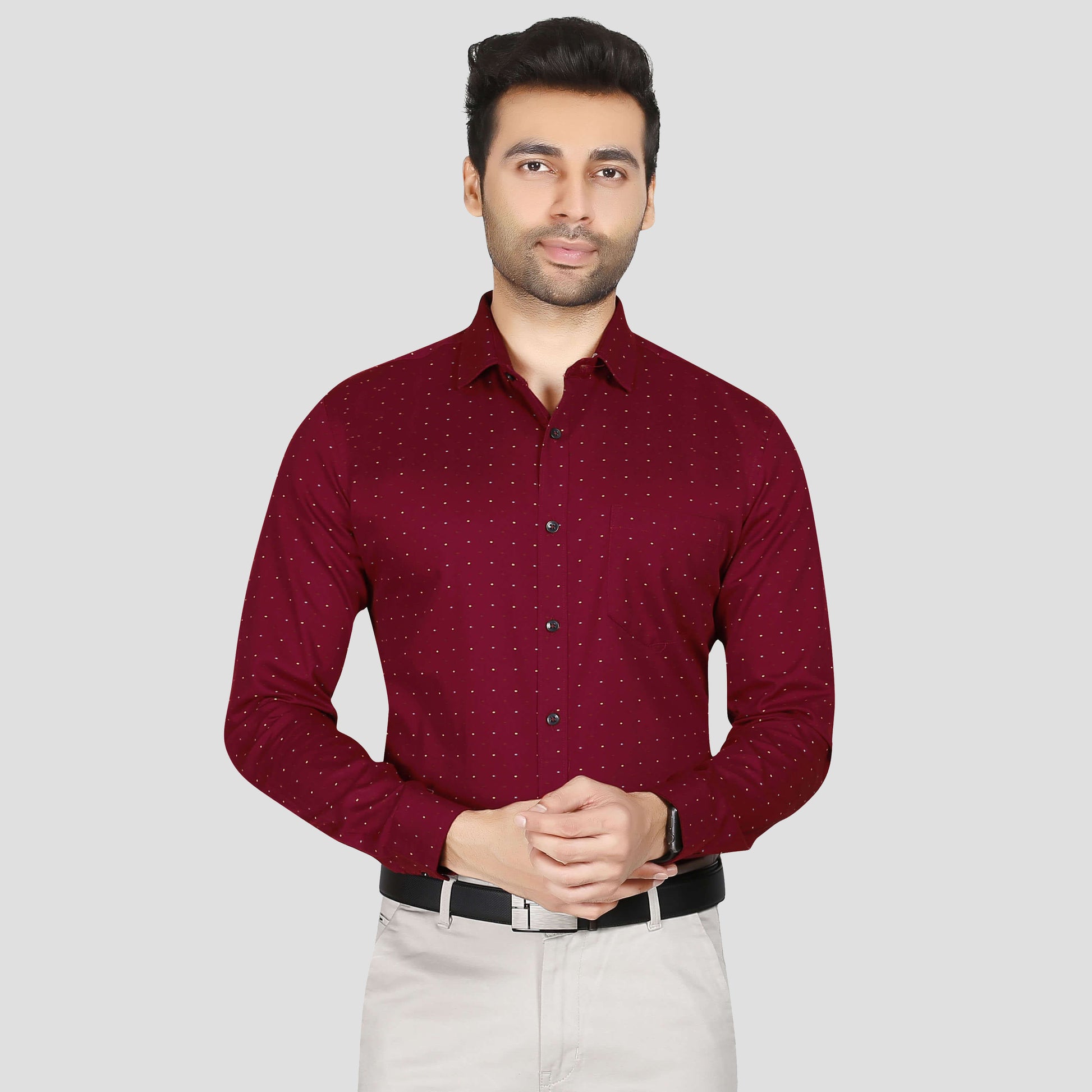 5thanfold Men's Formal Pure Cotton Full Sleeve Printed Red Slim Fit Shirt