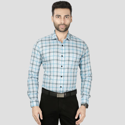 5thanfold Men's Formal Pure Cotton Full Sleeve Checkered Sky blue Slim Fit Shirt