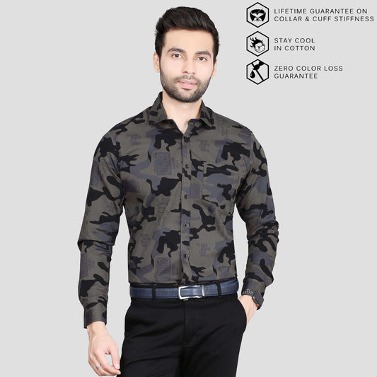 5thanfold Men's Formal  Pure Cotton Full Sleeve Printed Grey Slim Fit Shirt