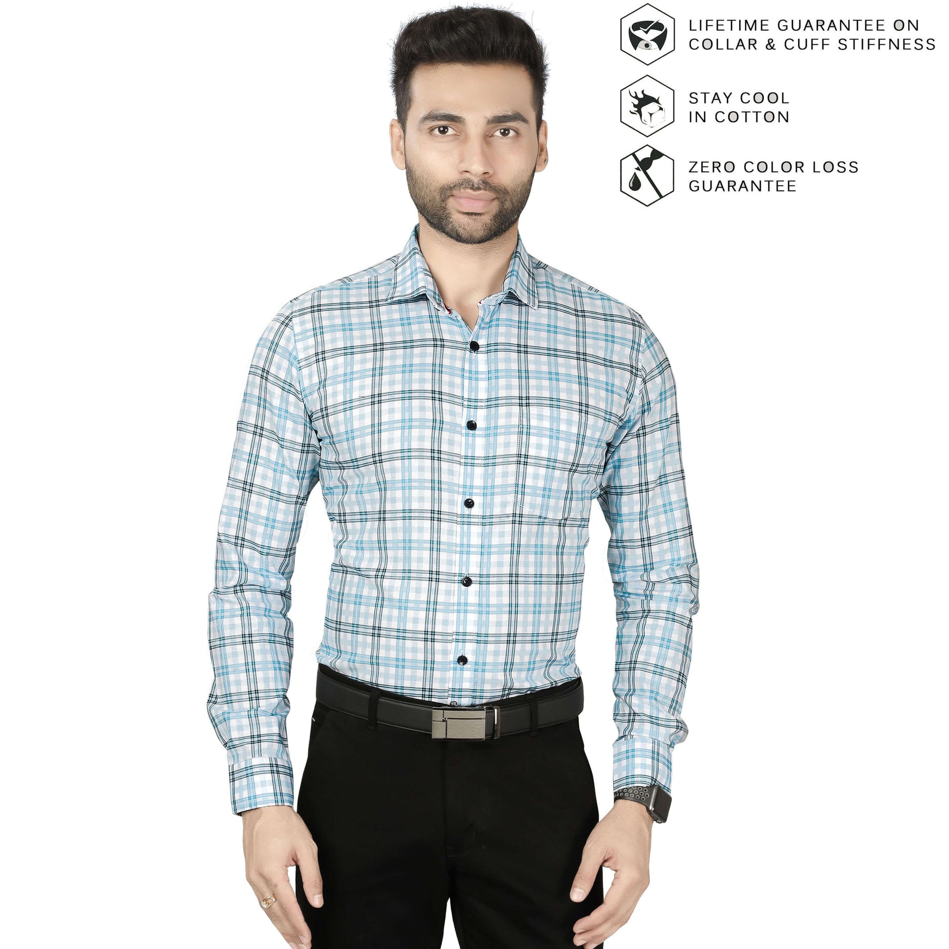 5thanfold Men's Formal Pure Cotton Full Sleeve Checkered Sky blue Slim Fit Shirt