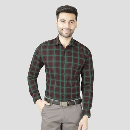 5thanfold Men's Formal Pure Cotton Full Sleeve Checkered Green Slim Fit Shirt