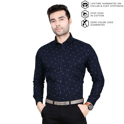 5thanfold Men's Formal Pure Cotton Full Sleeve Printed Dark Blue Slim Fit Shirt