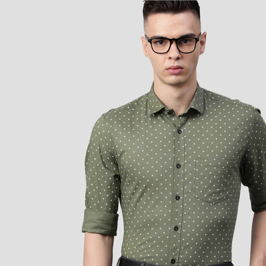 5thanfold Men's Formal Pure Cotton Full Sleeve Polka Print Green Slim Fit Shirt