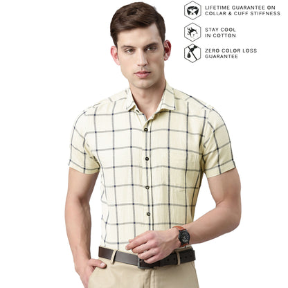 5thanfold Men's Formal Pure Cotton Half Sleeve Checkered Yellow Slim Fit Shirt