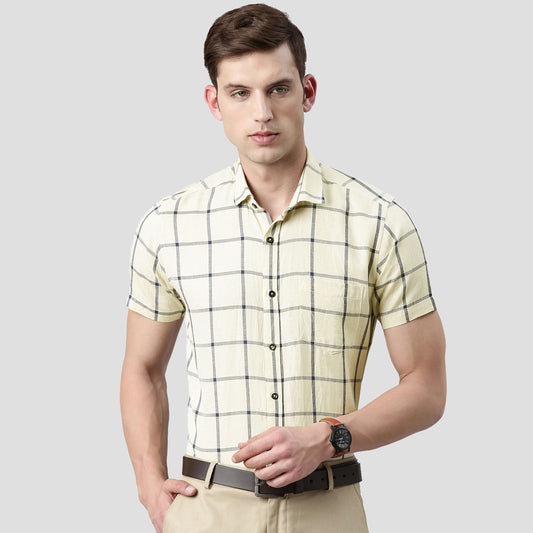 5thanfold Men's Formal Pure Cotton Half Sleeve Checkered Yellow Slim Fit Shirt