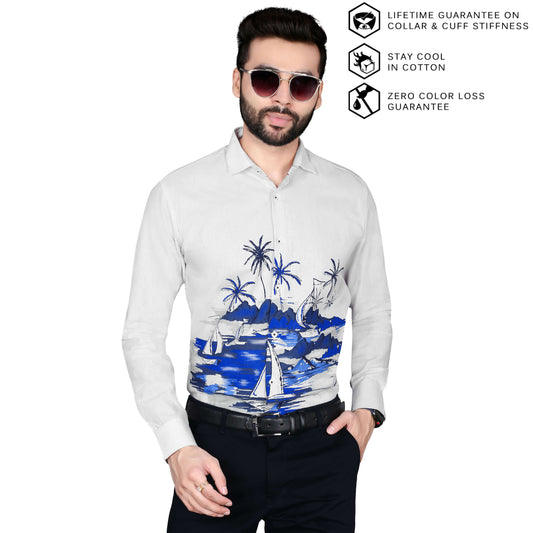 5thanfold Men's Formal Pure Cotton Full Sleeve Printed White Slim Fit Shirt