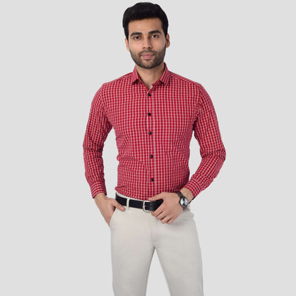 5thanfold Men's Formal Pure Cotton Full Sleeve Checkered Red Slim Fit Shirt