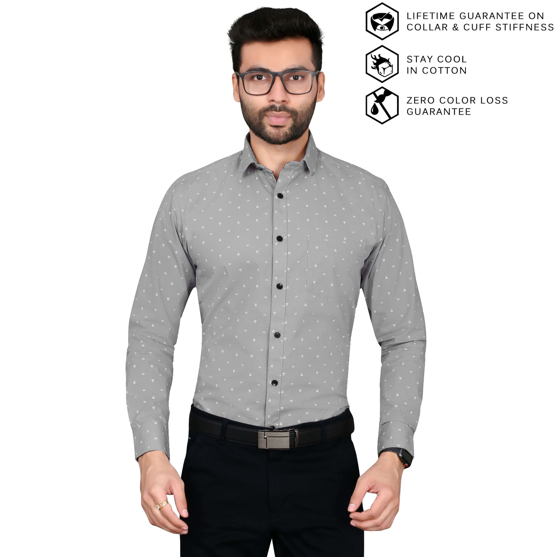 5thanfold Men's Formal Pure Cotton Full Sleeve Printed Grey Slim Fit Shirt