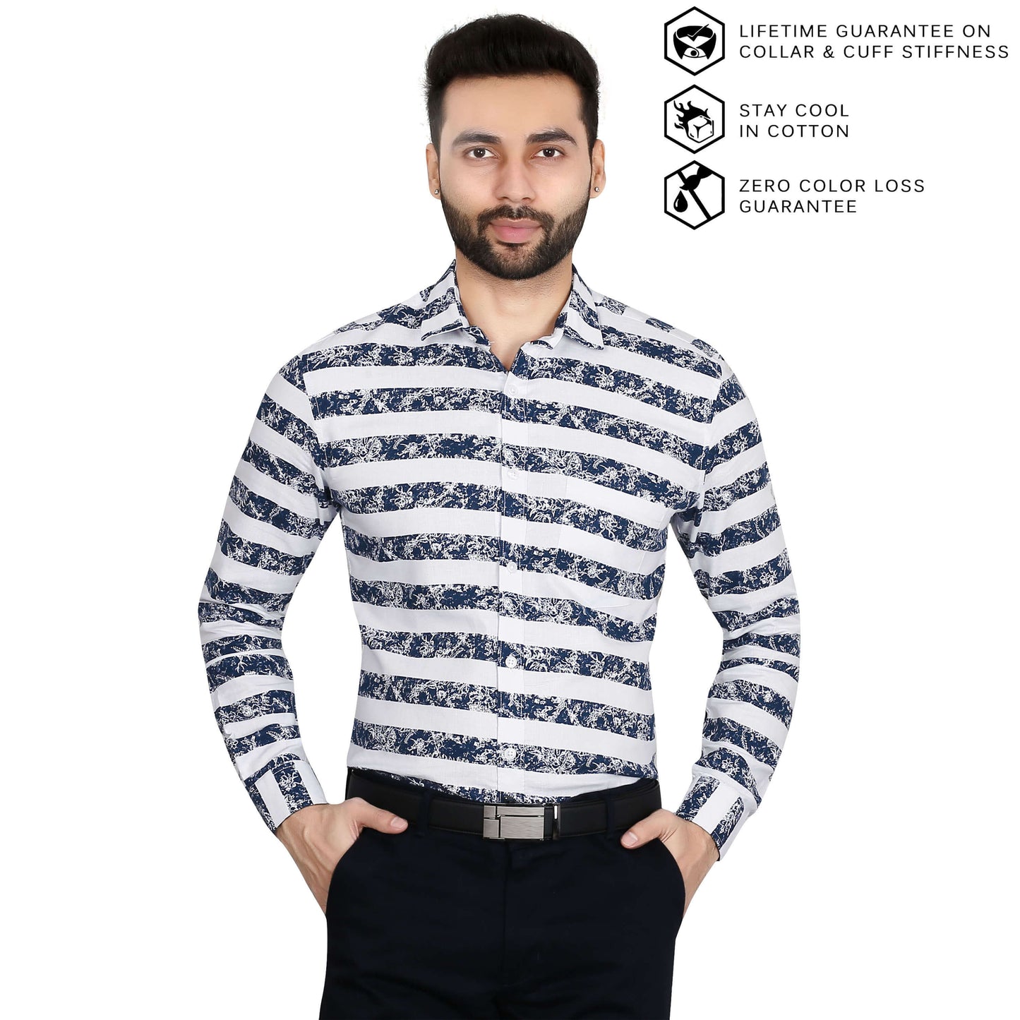 5thanfold Men's Formal Pure Cotton Full Sleeve Printed Blue Slim Fit Shirt