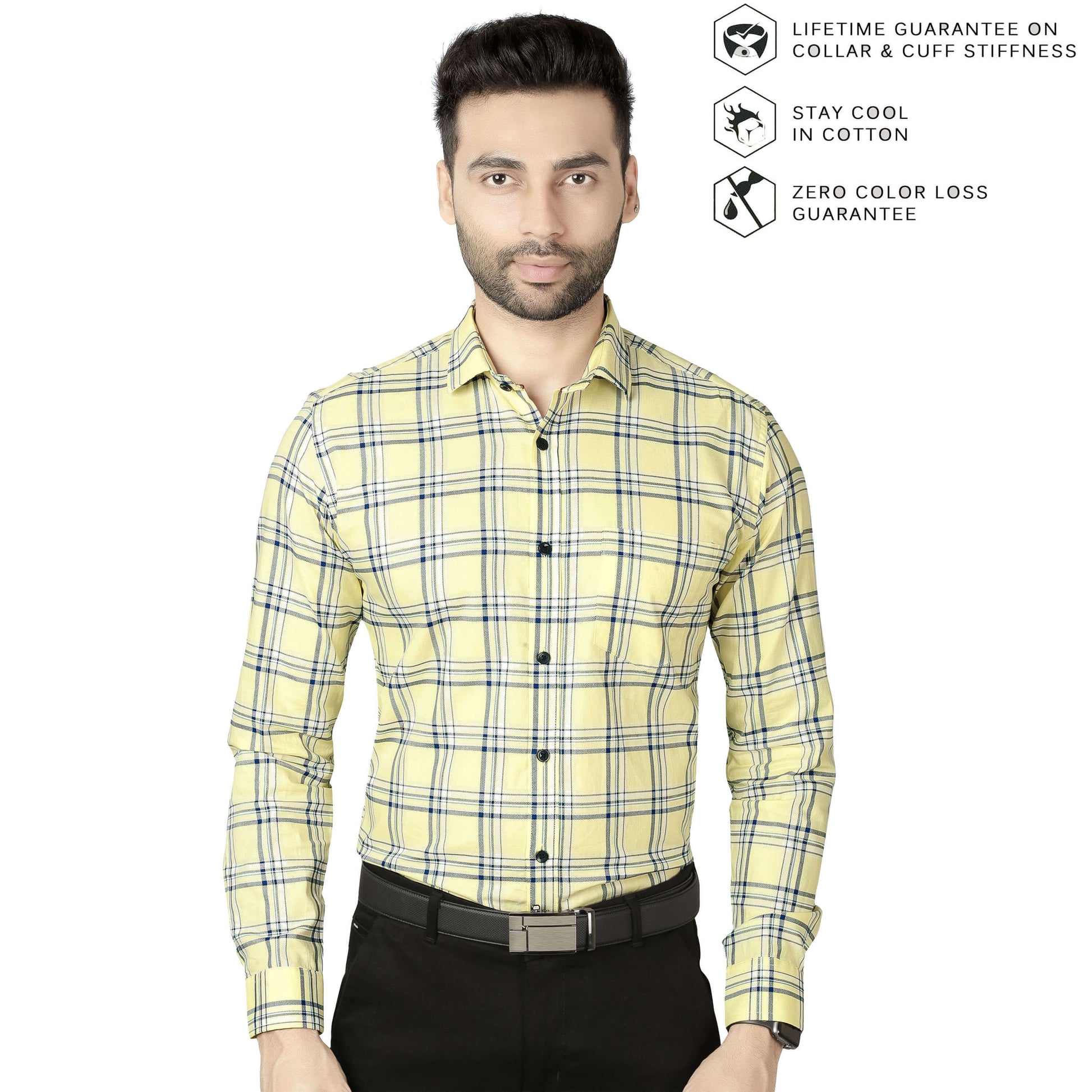 5thanfold Men's Formal Pure Cotton Full Sleeve Checkered Yellow Slim Fit Shirt