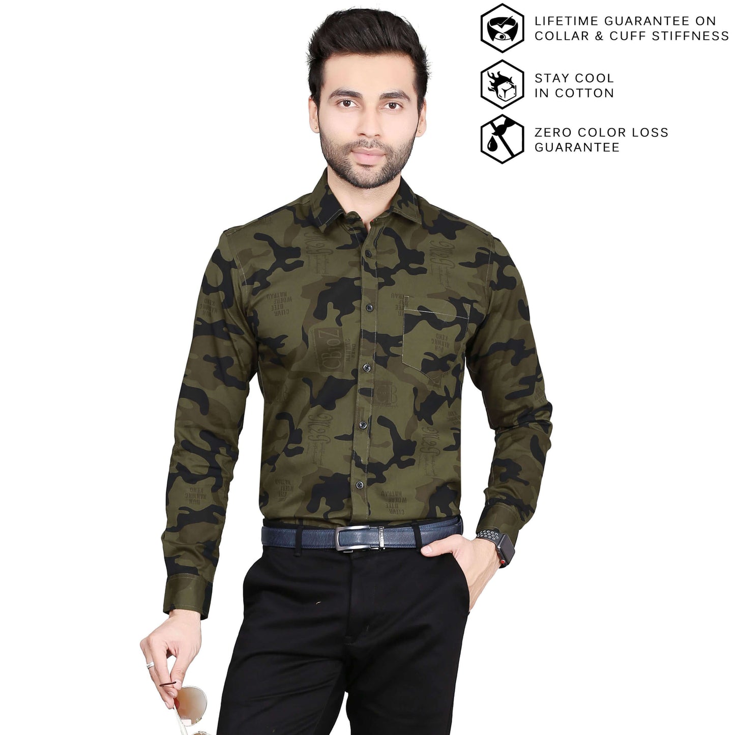 5thanfold Men's Formal Pure Cotton Full Sleeve Printed Green Slim Fit Shirt