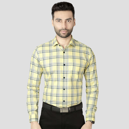 5thanfold Men's Formal Pure Cotton Full Sleeve Checkered Yellow Slim Fit Shirt