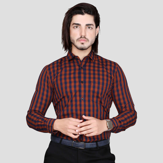 5thanfold Men's Formal Pure Cotton Full Sleeve Checkered Maroon Slim Fit Shirt