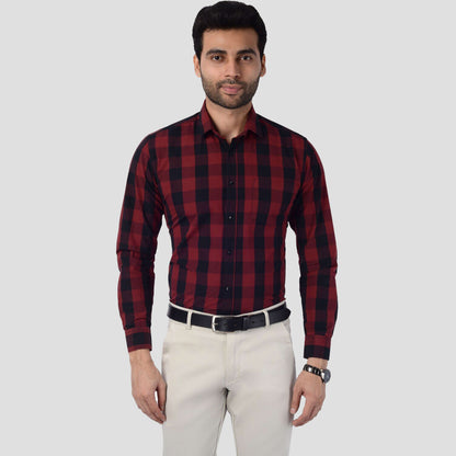 5thanfold Men's Formal Pure Cotton Full Sleeve Checkered Maroon Slim Fit Shirt