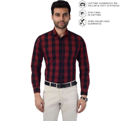 5thanfold Men's Formal Pure Cotton Full Sleeve Checkered Maroon Slim Fit Shirt