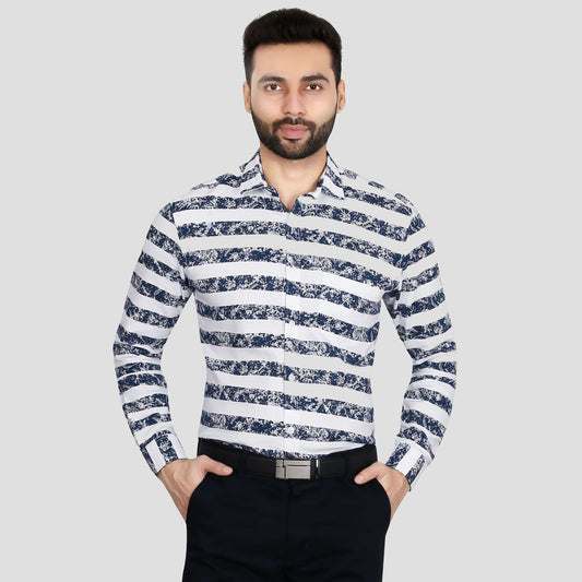 5thanfold Men's Formal Pure Cotton Full Sleeve Printed Blue Slim Fit Shirt