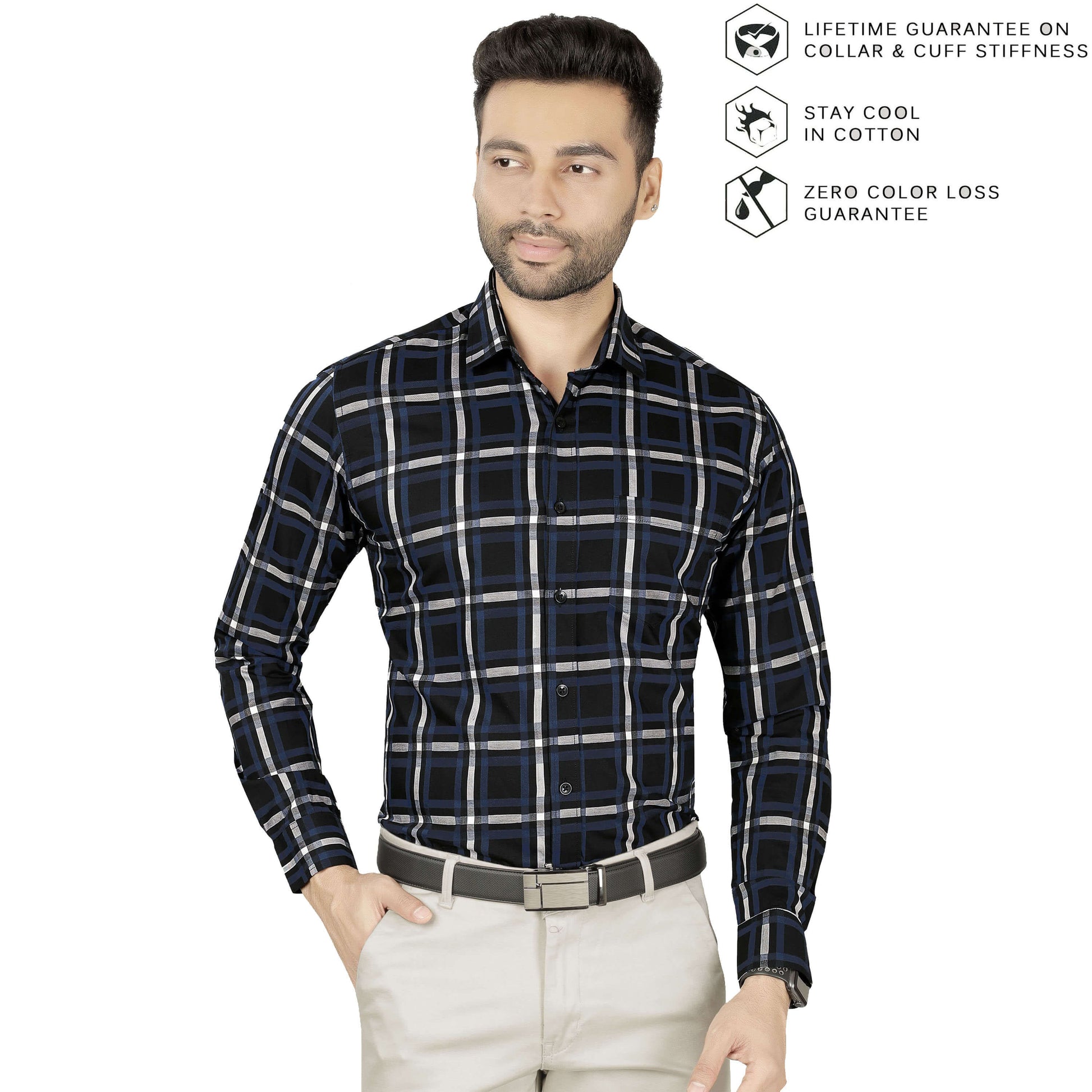 5thanfold Men's Formal Pure Cotton Full Sleeve Checkered Navy blue Regular Fit Shirt