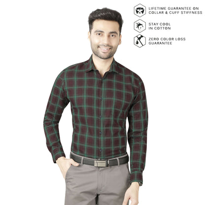 5thanfold Men's Formal Pure Cotton Full Sleeve Checkered Green Slim Fit Shirt