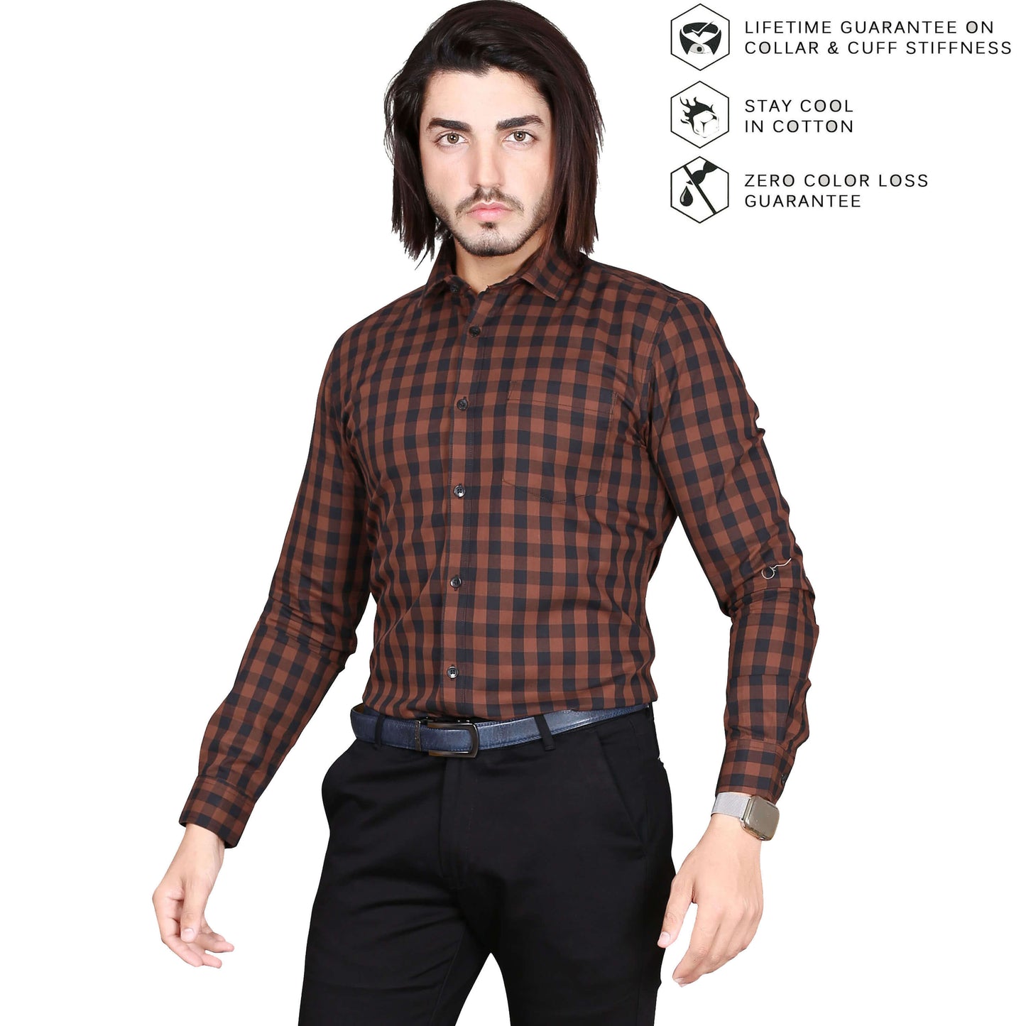 5thanfold Men's Formal Pure Cotton Full Sleeve Checkered Brown Slim Fit Shirt