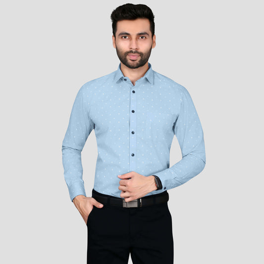 5thanfold Men's Formal Pure Cotton Full Sleeve Printed Sky Blue Slim Fit Shirt