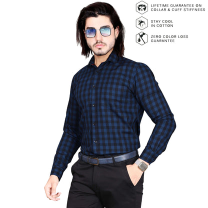 5thanfold Men's Formal Pure Cotton Full Sleeve Checkered Dark Blue Slim Fit Shirt