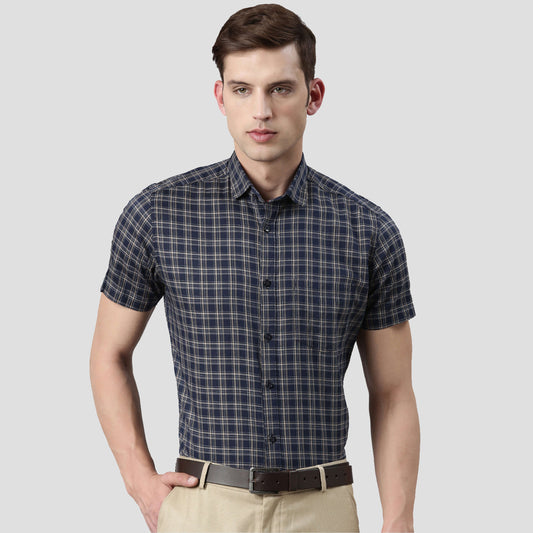 5thanfold Men's Formal Pure Cotton Half Sleeve Checkered Dark Blue Slim Fit Shirt