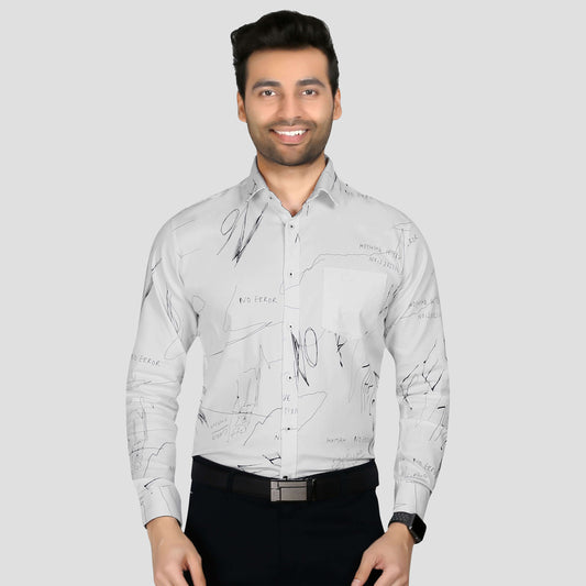 5thanfold Men's Formal Pure Cotton Full Sleeve Printed White Slim Fit Shirt