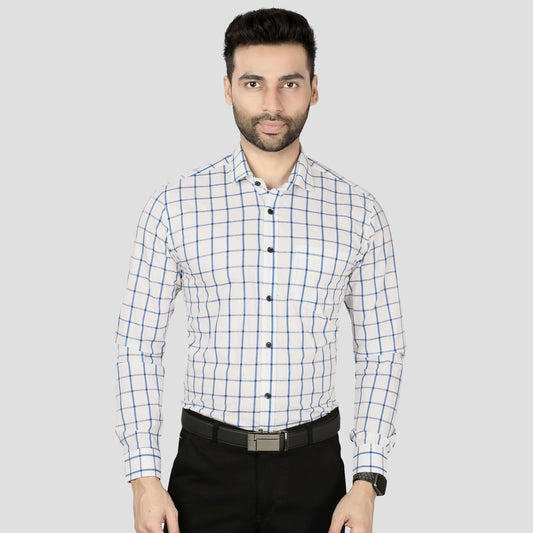 5thanfold Men's Formal Pure Cotton Full Sleeve Checkered White Regular Fit Shirt