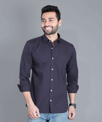 5thanfold Men's Casual Pure Cotton Full Sleeve Solid Dark Grey Slim Fit Shirt