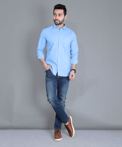 5thanfold Men's Casual Pure Cotton Full Sleeve Solid Sky Blue Slim Fit Shirt