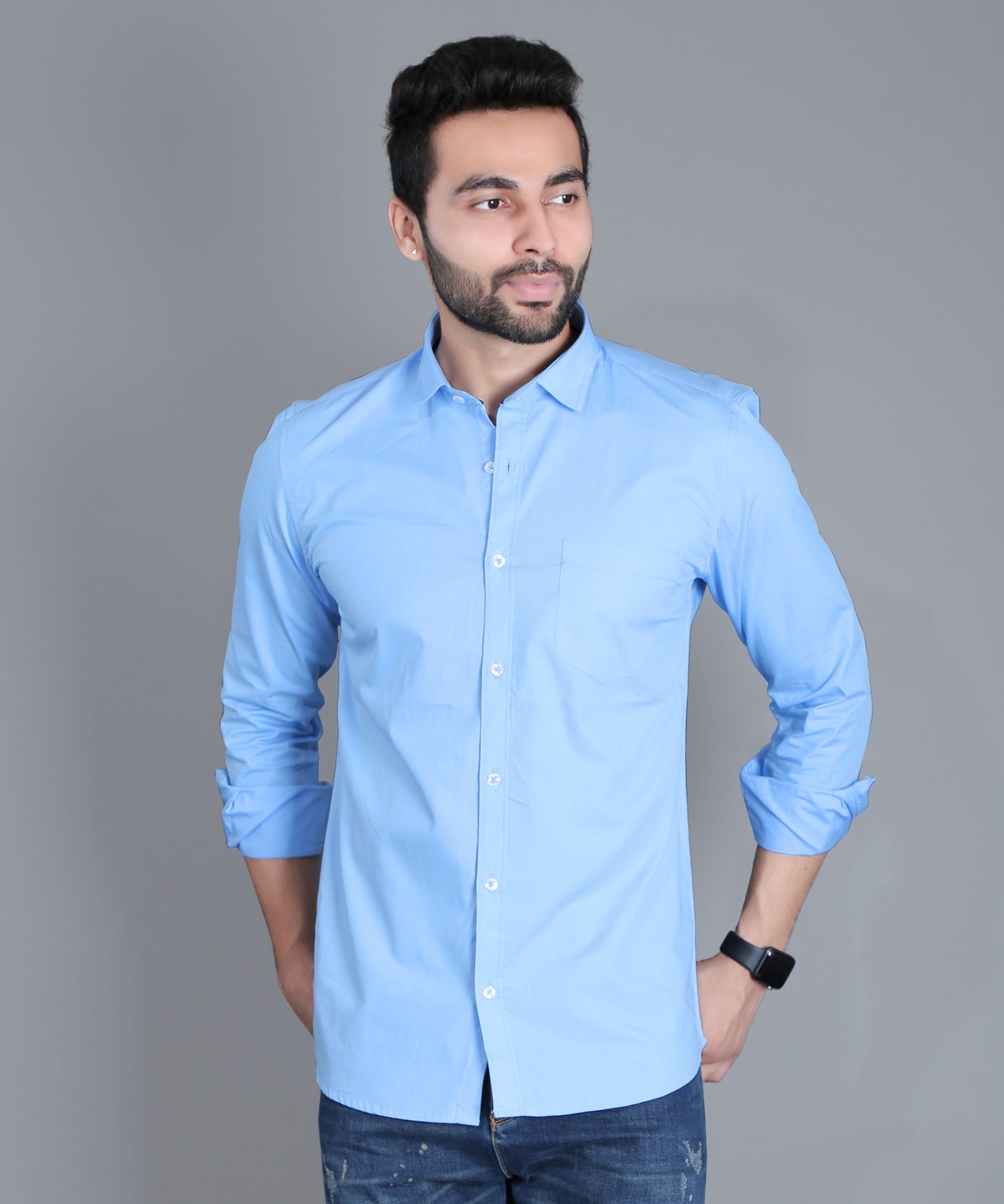 5thanfold Men's Casual Pure Cotton Full Sleeve Solid Sky Blue Slim Fit Shirt