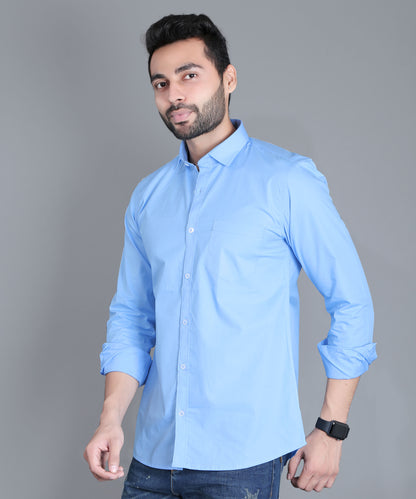 5thanfold Men's Casual Pure Cotton Full Sleeve Solid Sky Blue Slim Fit Shirt