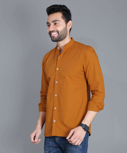 5thanfold Men's Casual Orange Full Sleeve Pure Cotton Mandarin Collar Shirt (No Pocket)