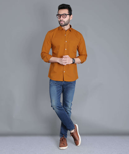 5thanfold Men's Casual Pure Cotton Full Sleeve Solid Copper Brown Slim Fit Shirt