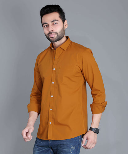 5thanfold Men's Casual Pure Cotton Full Sleeve Solid Copper Brown Slim Fit Shirt